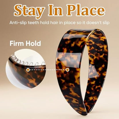 2-Pack Thick Tortoise Shell Headbands with Teeth – 1.5in Wide No-Slip Acetate Hairbands for Women, Retro Fashion Style for Daily Use (Dark & Yellowish Tortoiseshell) Avelisse