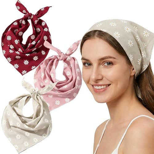 3 PCS Floral Hair Bandanas for Women - Boho Head Wraps Daisy Print Chiffon Scarf with Ties - Fashion Beach Hair Accessories for Thin Thick Curly Hair - görsel 2