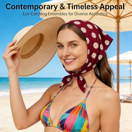 3 PCS Floral Hair Bandanas for Women - Boho Head Wraps Daisy Print Chiffon Scarf with Ties - Fashion Beach Hair Accessories for Thin Thick Curly Hair - görsel 12