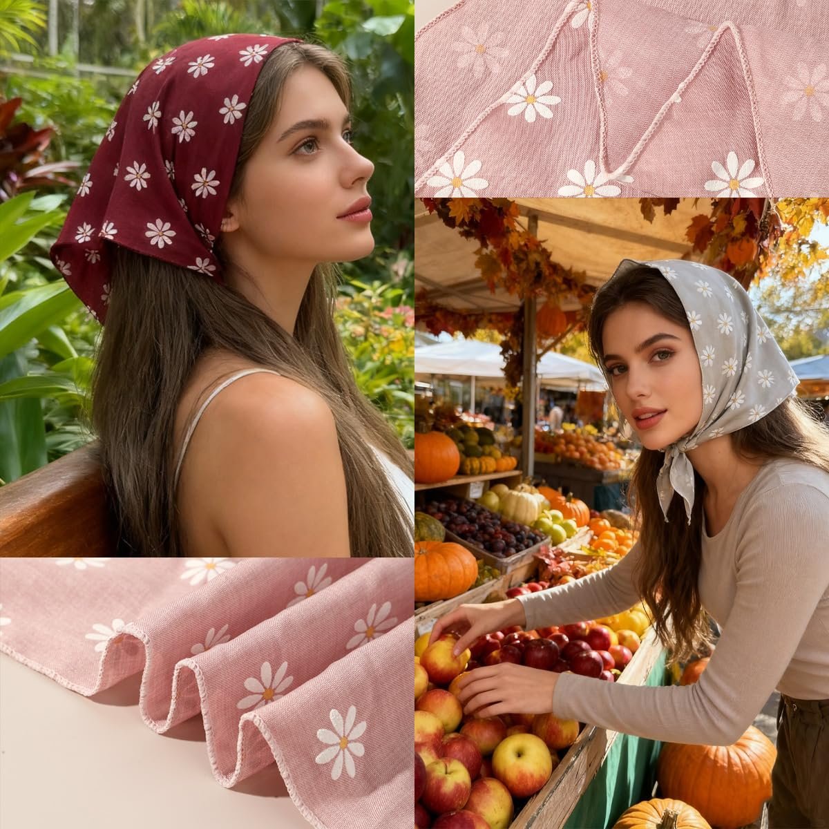 3 PCS Floral Hair Bandanas for Women - Boho Head Wraps Daisy Print Chiffon Scarf with Ties - Fashion Beach Hair Accessories for Thin Thick Curly Hair - görsel 13