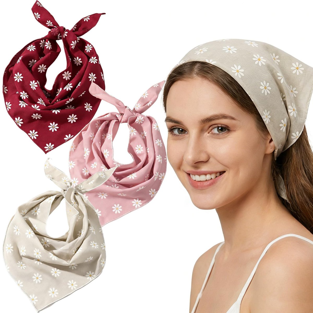 3 PCS Floral Hair Bandanas for Women - Boho Head Wraps Daisy Print Chiffon Scarf with Ties - Fashion Beach Hair Accessories for Thin Thick Curly Hair - görsel 1