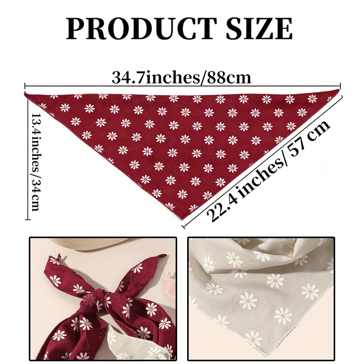 3 PCS Floral Hair Bandanas for Women - Boho Head Wraps Daisy Print Chiffon Scarf with Ties - Fashion Beach Hair Accessories for Thin Thick Curly Hair - görsel 3