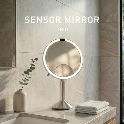 simplehuman Sensor Mirror Trio - 1X, 5X, 10X Magnification, Round Rechargeable Beauty Makeup Mirror with Tru-Lux Full-Spectrum Light, Brushed Stainless Steel Avelisse
