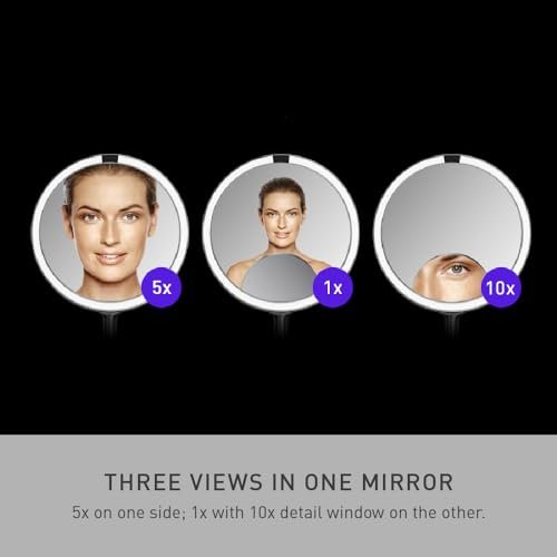simplehuman Sensor Mirror Trio - 1X, 5X, 10X Magnification, Round Rechargeable Beauty Makeup Mirror with Tru-Lux Full-Spectrum Light, Brushed Stainless Steel Avelisse