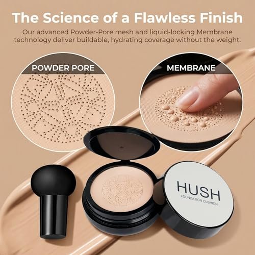 Hush Glow Foundation for Mature Skin - Lightweight Cushion Foundation with Hyaluronic Acid & Peptides, Natural Coverage, Warm Tone Avelisse