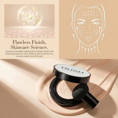 Hush Glow Foundation for Mature Skin - Lightweight Cushion Foundation with Hyaluronic Acid & Peptides, Natural Coverage, Warm Tone Avelisse
