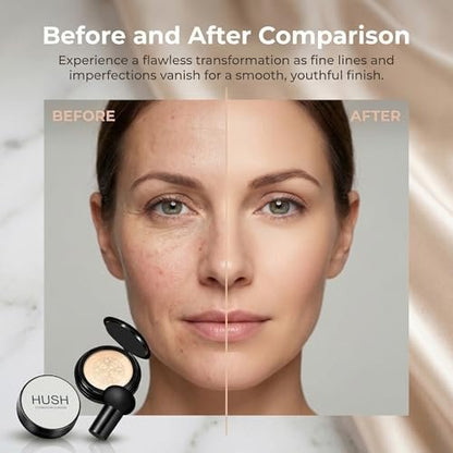 Hush Glow Foundation for Mature Skin - Lightweight Cushion Foundation with Hyaluronic Acid & Peptides, Natural Coverage, Warm Tone Avelisse