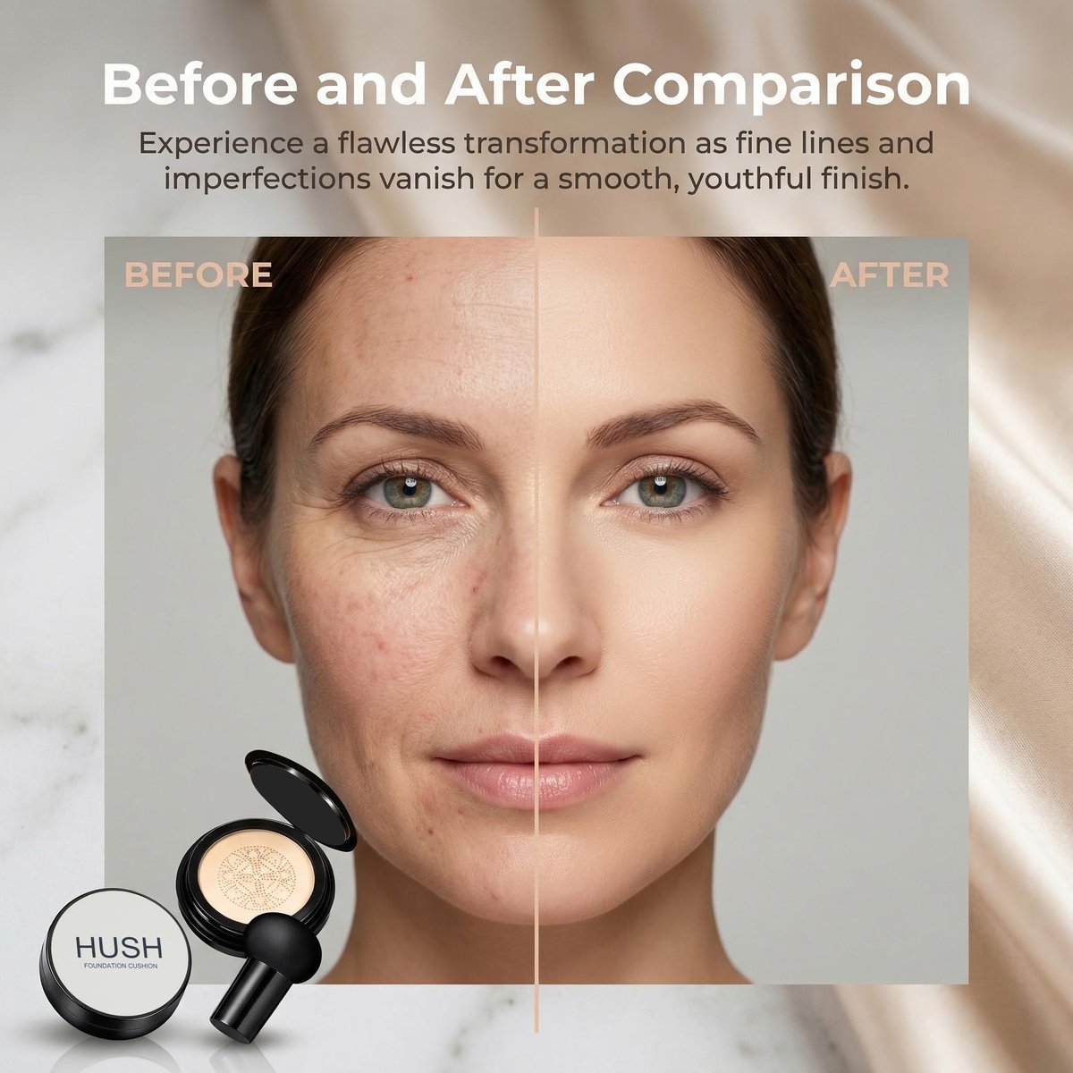 Hush Glow Foundation for Mature Skin - Lightweight Cushion Foundation with Hyaluronic Acid & Peptides, Natural Coverage, Warm Tone Avelisse
