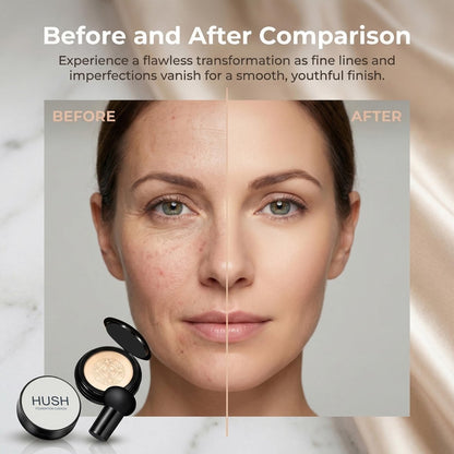 Hush Glow Foundation for Mature Skin - Lightweight Cushion Foundation with Hyaluronic Acid & Peptides, Natural Coverage, Warm Tone Avelisse
