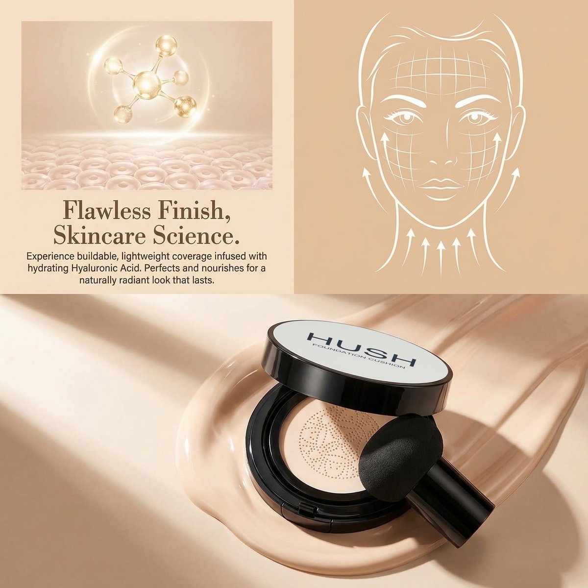 Hush Glow Foundation for Mature Skin - Lightweight Cushion Foundation with Hyaluronic Acid & Peptides, Natural Coverage, Warm Tone Avelisse