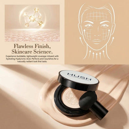 Hush Glow Foundation for Mature Skin - Lightweight Cushion Foundation with Hyaluronic Acid & Peptides, Natural Coverage, Warm Tone Avelisse
