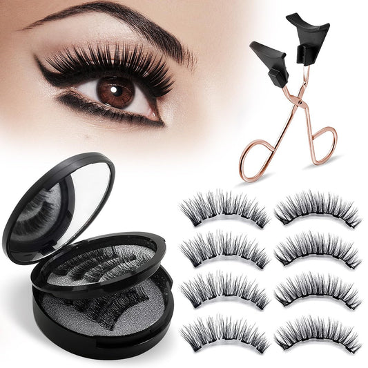 No Glue Magnetic Eyelashes with Applicator - 3D Reusable Natural Look Lashes for Office & Daily, Mess-Free Dual Magnetic Eyelash Kit, Lightweight & Windproof (4 Pair, Black) Avelisse