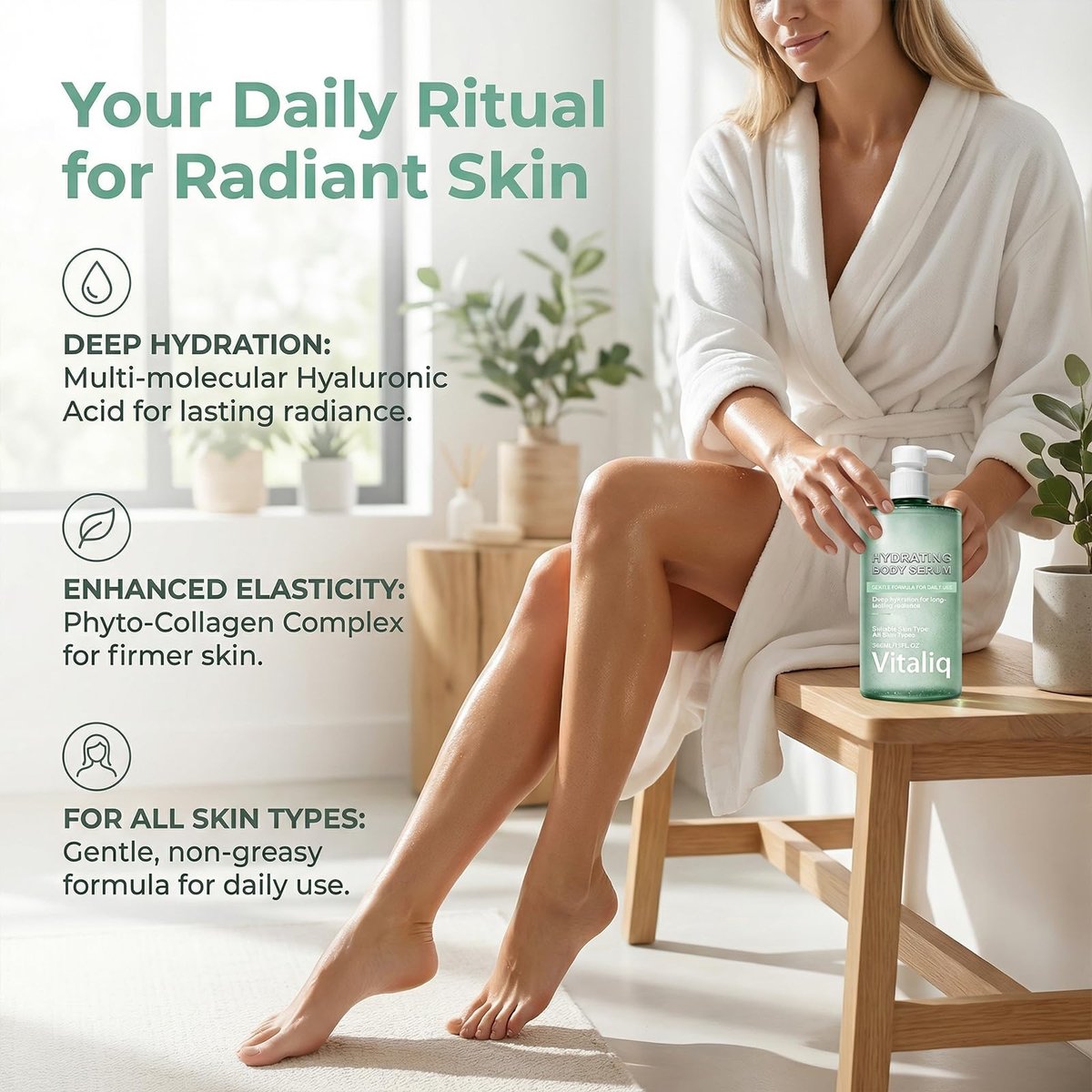 VITALIQ Hydrating Body Serum - Lightweight HA Moisturizer for Dry Skin & Crepey Arms, 13 Fl Oz Avelisse