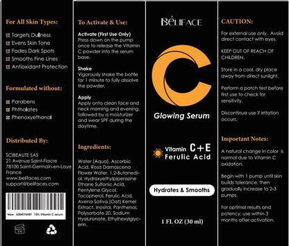 Vitamin C Serum for Face - CE Ferulic Acid Facial Serum for Dark Spots, Uneven Tone & Fine Lines – Paraben-Free – 30ml Brightening & Hydrating Serum