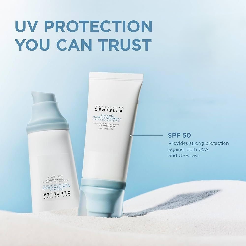 Centella Hyalu-Cica Water-Fit Sun Serum SPF 50 - Korean Sunscreen with Hyaluronic Acid, No White Cast, 50ml (2 Pack) Avelisse