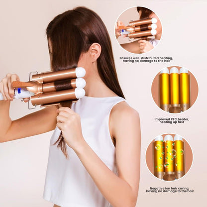 Large 3 Barrel Curling Iron - 1.25" Ceramic Tourmaline Waver for Beach Waves, LCD Adjustable 14 Temperatures 80-210°C, 32mm Hair Curlers Avelisse