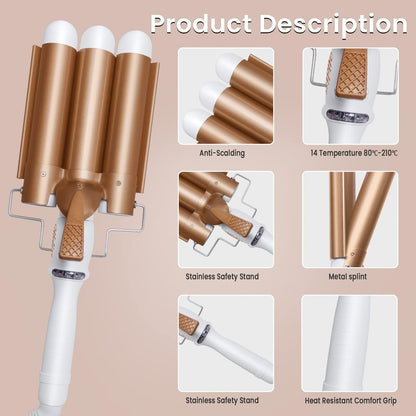 Large 3 Barrel Curling Iron - 1.25" Ceramic Tourmaline Waver for Beach Waves, LCD Adjustable 14 Temperatures 80-210°C, 32mm Hair Curlers Avelisse