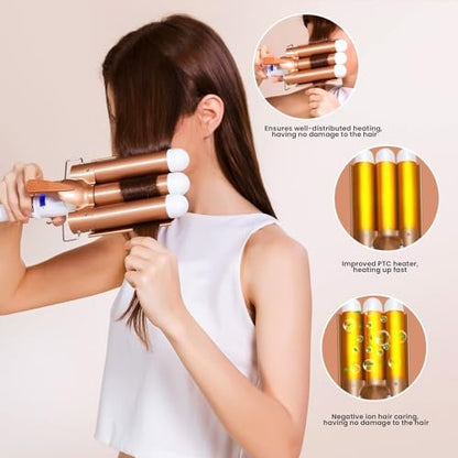 Large 3 Barrel Curling Iron - 1.25" Ceramic Tourmaline Waver for Beach Waves, LCD Adjustable 14 Temperatures 80-210°C, 32mm Hair Curlers Avelisse