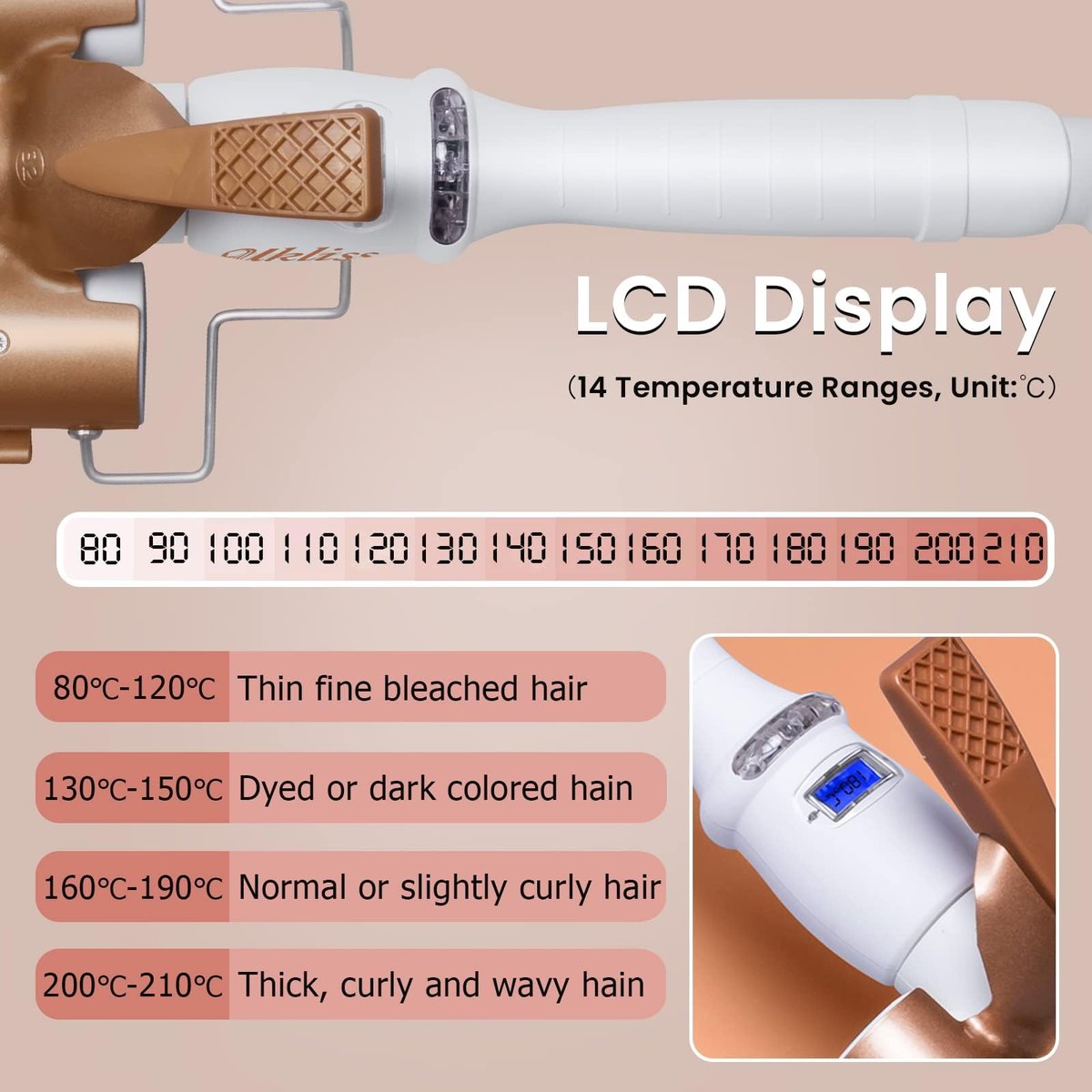 Large 3 Barrel Curling Iron - 1.25" Ceramic Tourmaline Waver for Beach Waves, LCD Adjustable 14 Temperatures 80-210°C, 32mm Hair Curlers Avelisse