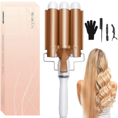 Large 3 Barrel Curling Iron - 1.25" Ceramic Tourmaline Waver for Beach Waves, LCD Adjustable 14 Temperatures 80-210°C, 32mm Hair Curlers Avelisse