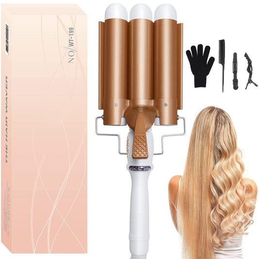 Large 3 Barrel Curling Iron - 1.25" Ceramic Tourmaline Waver for Beach Waves, LCD Adjustable 14 Temperatures 80-210°C, 32mm Hair Curlers Avelisse