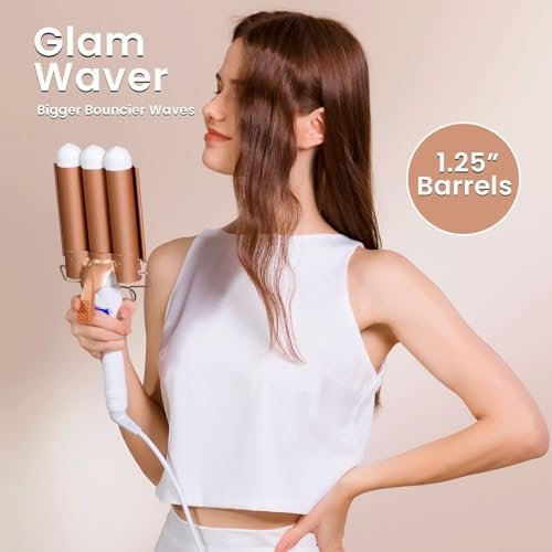 Large 3 Barrel Curling Iron - 1.25" Ceramic Tourmaline Waver for Beach Waves, LCD Adjustable 14 Temperatures 80-210°C, 32mm Hair Curlers Avelisse