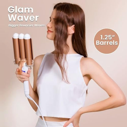 Large 3 Barrel Curling Iron - 1.25" Ceramic Tourmaline Waver for Beach Waves, LCD Adjustable 14 Temperatures 80-210°C, 32mm Hair Curlers Avelisse