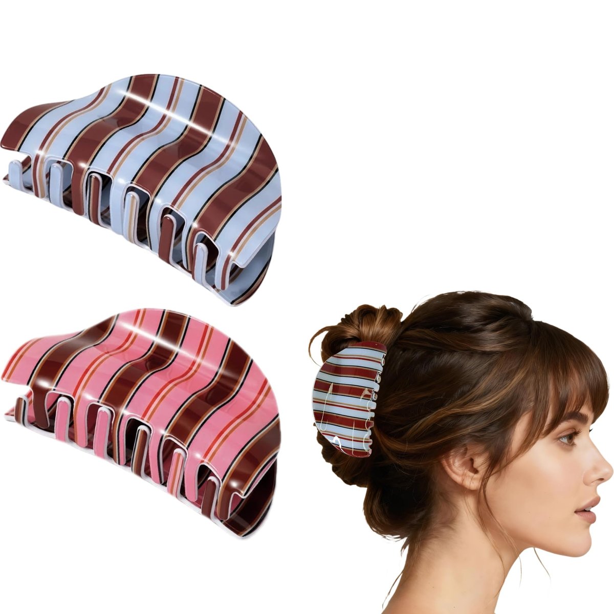 2-Pack Striped Claw Clips for Women – Polka Dot & Plaid Acrylic Hair Clips, Medium Size for Half-Up Styles - görsel 2