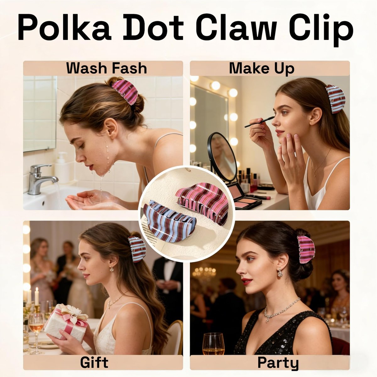 2-Pack Striped Claw Clips for Women – Polka Dot & Plaid Acrylic Hair Clips, Medium Size for Half-Up Styles - görsel 8