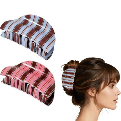 2-Pack Striped Claw Clips for Women – Polka Dot & Plaid Acrylic Hair Clips, Medium Size for Half-Up Styles