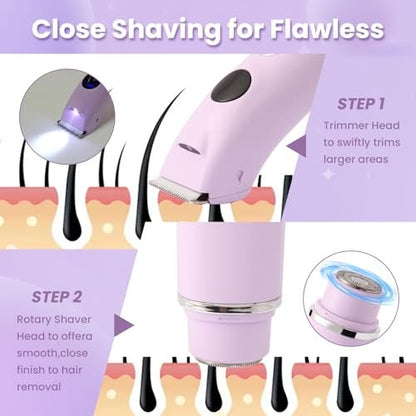 Bikini Trimmer for Women – 4-in-1 Electric Shaver with LED Light, Wet & Dry Use, 90 Mins Runtime for Face, Body & Intimate Areas