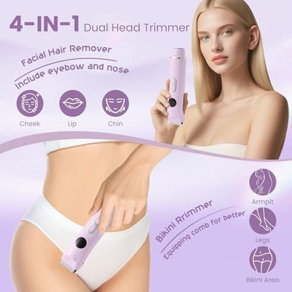 Bikini Trimmer for Women – 4-in-1 Electric Shaver with LED Light, Wet & Dry Use, 90 Mins Runtime for Face, Body & Intimate Areas