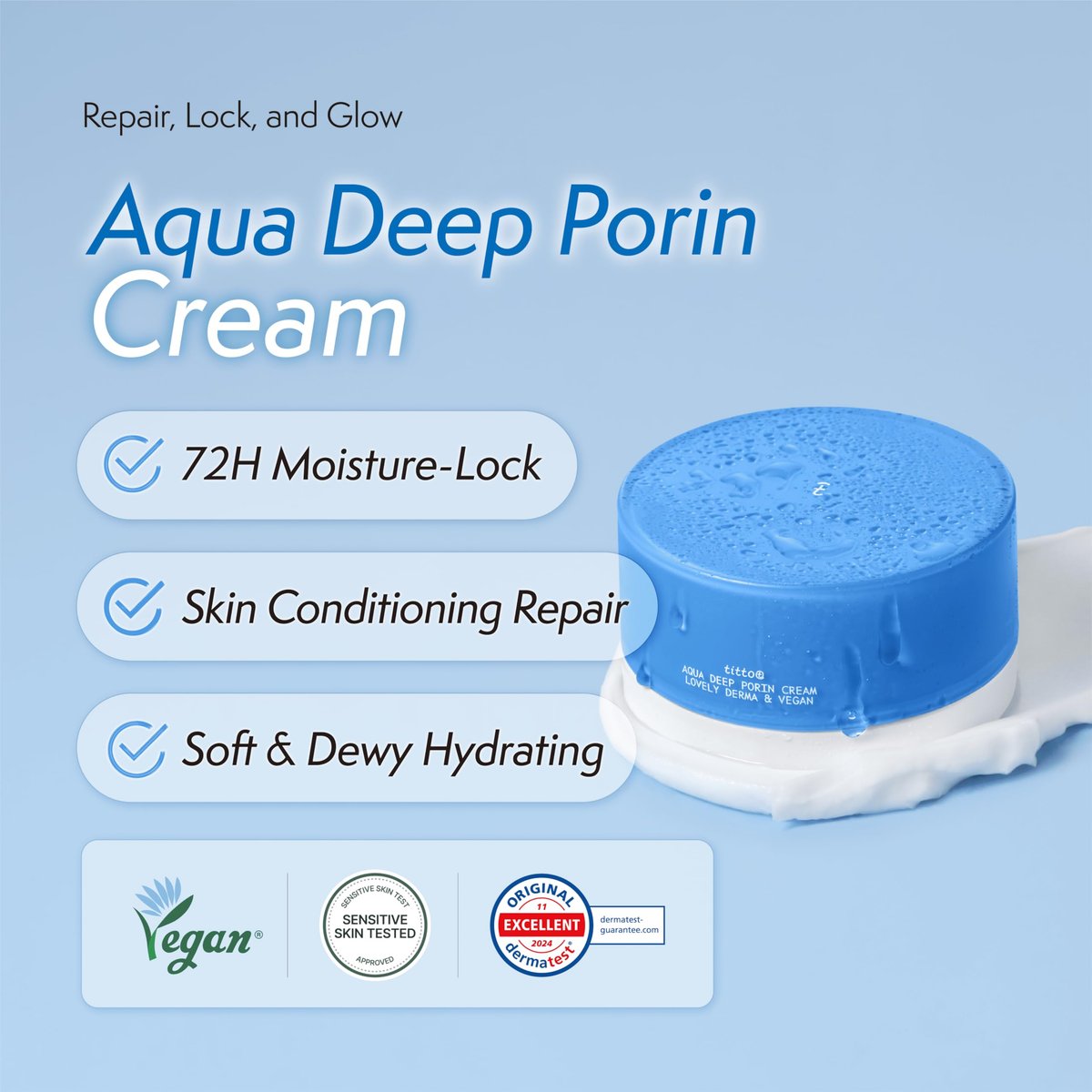 titto Aqua Deep Porin Cream – Hydrating Face Moisturizer with Hyaluronic Acid, Ceramide & Panthenol for Glowing Skin & Barrier Repair, 1.69 fl oz - görsel 3