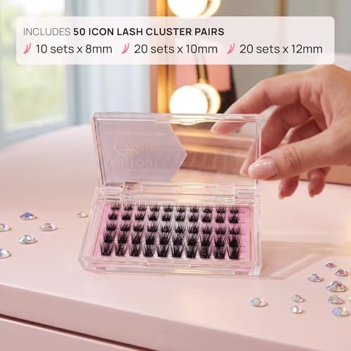 Full Out Glam Icon Lash Clusters DIY Eyelash Extension Kit – Wispy Natural Individual Lashes with Glue, Long-Lasting Cluster Lashes, 8-14mm False Eyelashes Set (50 Pair, Black) - görsel 4