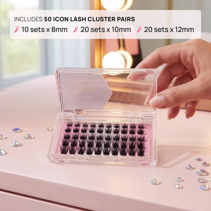 Full Out Glam Icon Lash Clusters DIY Eyelash Extension Kit – Wispy Natural Individual Lashes with Glue, Long-Lasting Cluster Lashes, 8-14mm False Eyelashes Set (50 Pair, Black)